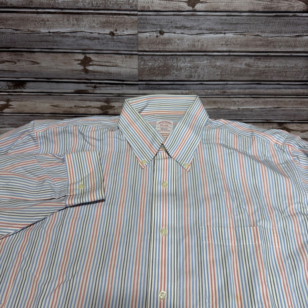 Brooks Brothers Dress Shirt Mens 17-33 Blue Red Striped Non-Iron Supima Cotton